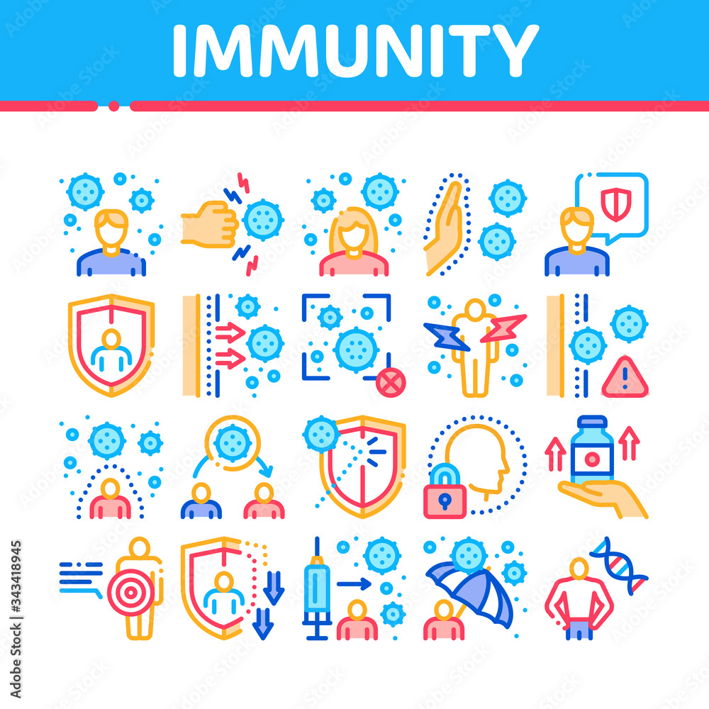 Immunity Human Biological Defense Icons Set Vector. Protective Bacterias, Syringe And Shield, Vitamin And Healthcare Pills For Immunity Concept Linear Pictograms. Color Illustrations