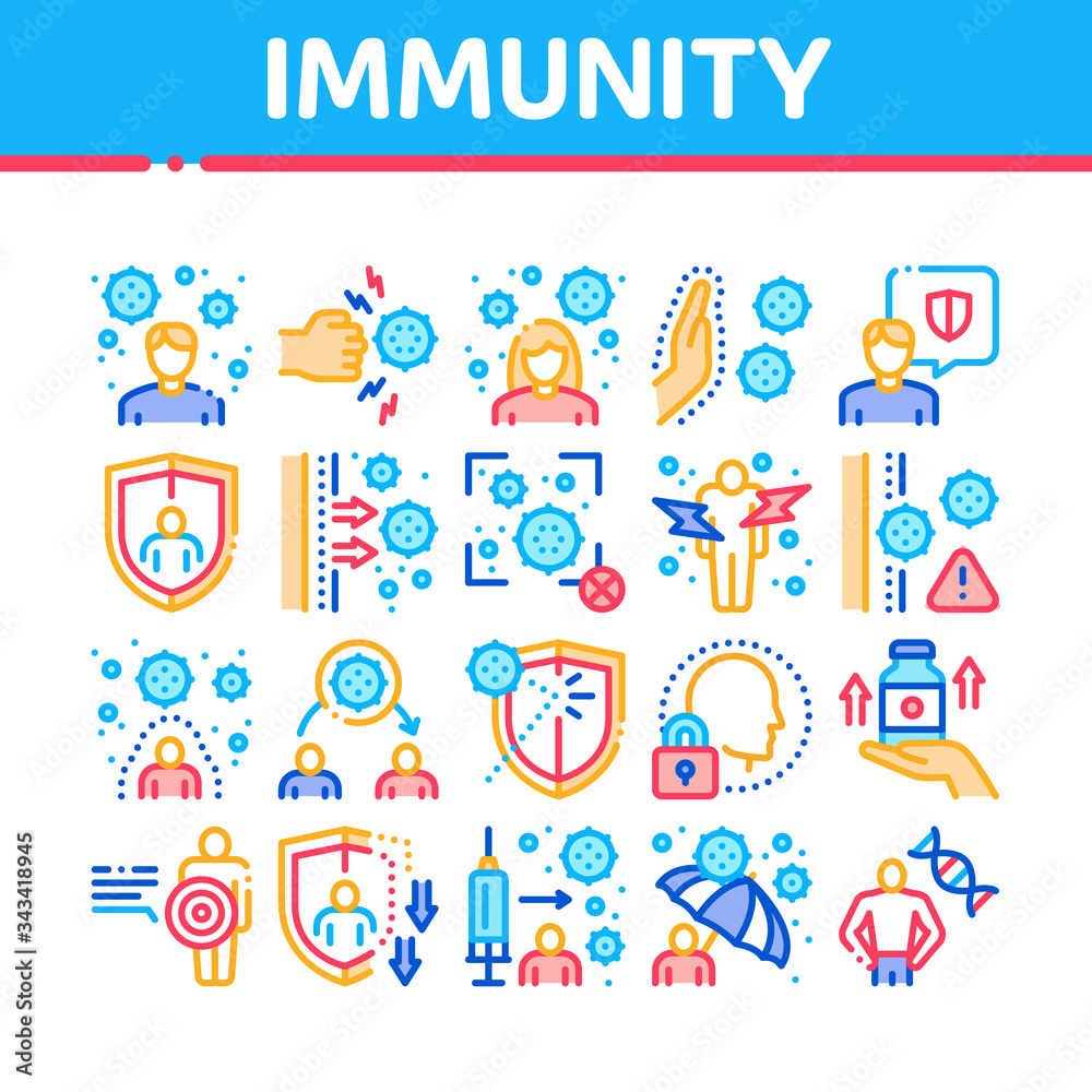 Immunity Human Biological Defense Icons Set Vector. Protective Bacterias, Syringe And Shield, Vitamin And Healthcare Pills For Immunity Concept Linear Pictograms. Color Illustrations Immunity Human Biological Defense Icons Set Vector. Protective Bacterias, Syringe And Shield, Vitamin And Healthcare Pills For Immunity Concept Linear Pictograms. Color Illustrations