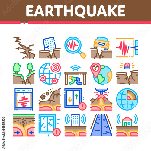 Earthquake Disaster Collection Icons Set Vector. Building And Road Destruction, Stone Collapse And Earthquake Catastrophe Concept Linear Pictograms. Color Illustrations