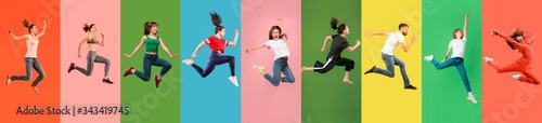 Young emotional people jumping high, look happy, cheerful on multicolored background. Celebrating, winning men and women. Emotions, facial expression concept. Trendy colors. Collage made of 7 models.