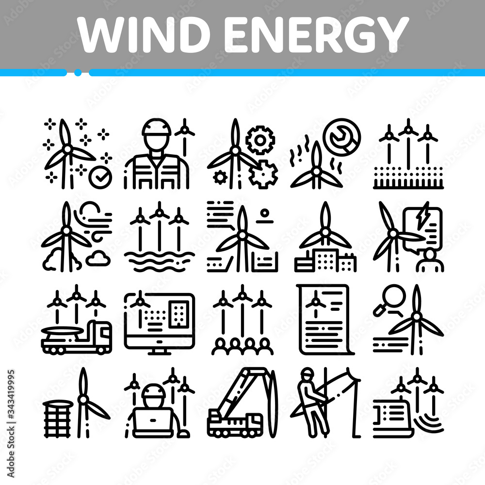 Wind Energy Technicians Collection Icons Set Vector. Repair And Research, Delivery Details Truck And Installing Machine, Energy Industry Concept Linear Pictograms. Monochrome Contour Illustrations