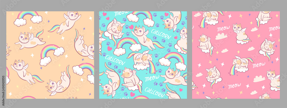 Collection of seamless patterns with unicorn cats. Vector graphics.