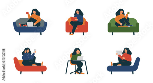 Thoughtful women working and relax at home. Happy girl sitting and resting, listening to music, reading a book, and using a laptop on the sofa in various positions. Vector illustration in flat style.