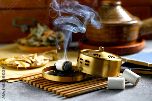 Chinese copper moxibustion box with smoke on bamboo 