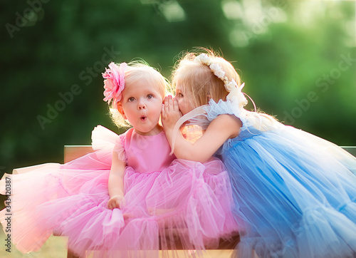 Two pretty blond sisters in pink and blue beautiful summer dresses with flower headbands telling secrets in a park photo