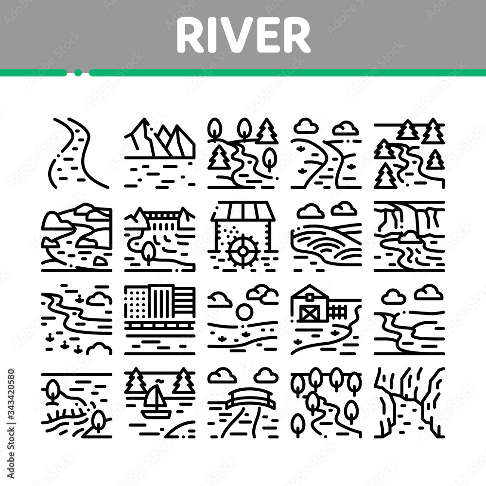 River Landscape Collection Icons Set Vector. River With Mountain And Forest, Bridge And City Buildings, Water Mill And Field Concept Linear Pictograms. Monochrome Contour Illustrations