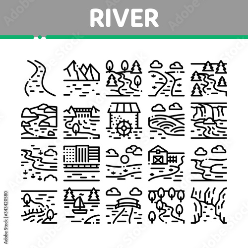 River Landscape Collection Icons Set Vector. River With Mountain And Forest  Bridge And City Buildings  Water Mill And Field Concept Linear Pictograms. Monochrome Contour Illustrations