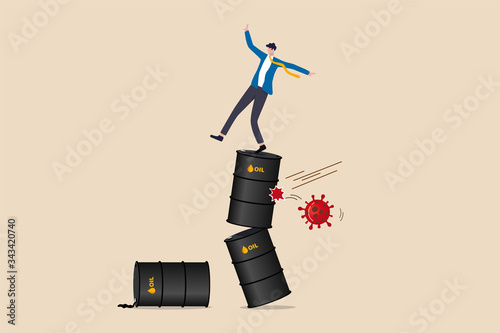 Oil and energy price crash from Coronavirus COVID-19 pandemic crisis concept, uncertainty unstable businessman falling down and trying to stand on stack of crude oil gallon with virus pathogen impact.