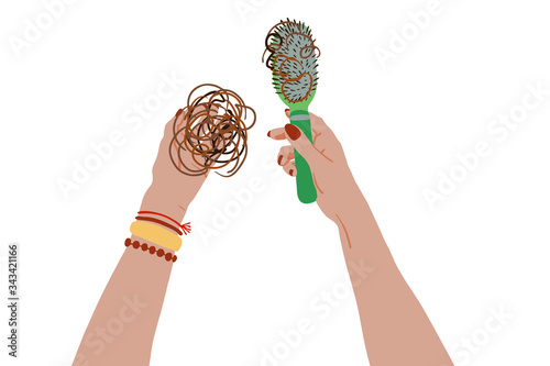Vector stock illustration with woman hands.In one hand girl holds a mat of hair and in the other hand she has a hair brush. Cartoon style concept of hair loss or alopecia.