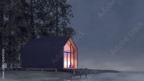 Secluded tiny house on the sandy shore of a lake with fog in a coniferous forest in the cold night light and with warm light from the Windows. Stock 3D illustration