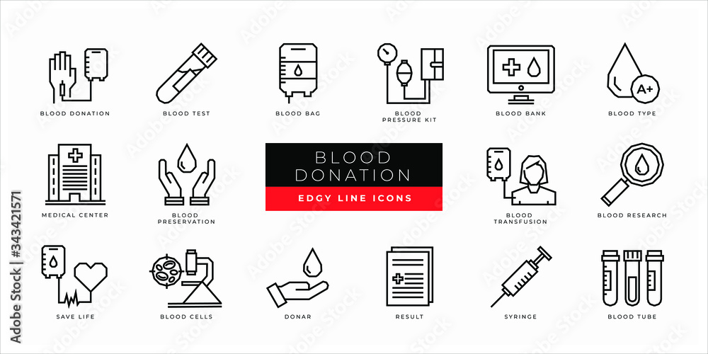 Blood Donation icon set - minimal thin outline, web icon and symbol collection – blood, donation, test, bag, pressure kit, bank, type, preservation, tube, cells, donar Simple edgy vector illustration. Blood Donation icon set - minimal thin outline, web icon and symbol collection – blood, donation, test, bag, pressure kit, bank, type, preservation, tube, cells, donar Simple edgy vector illustration.