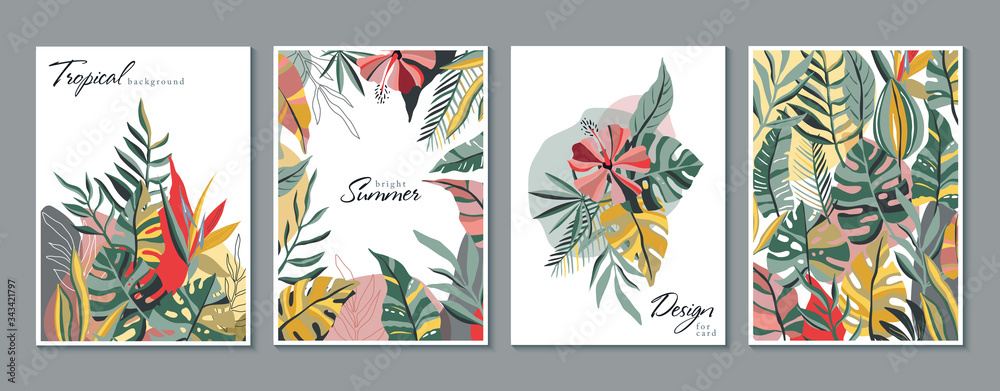 Vector collection of trendy creative cards with floral exotic tropical elements, palm leaves Vector collection of trendy creative cards with floral exotic tropical elements, palm leaves