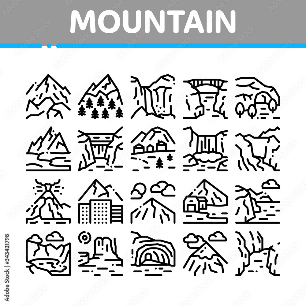 Mountain Landscape Collection Icons Set Vector. Forest And Camping On Mountain, Volcano And Cave, City Buildings And Bridge Concept Linear Pictograms. Monochrome Contour Illustrations