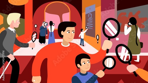 Vector illustration, people in the museum of magnifying glasses. Family at the holiday watching paintings and photographs. Image of people at the exhibition: man, woman, children, boys, adults.