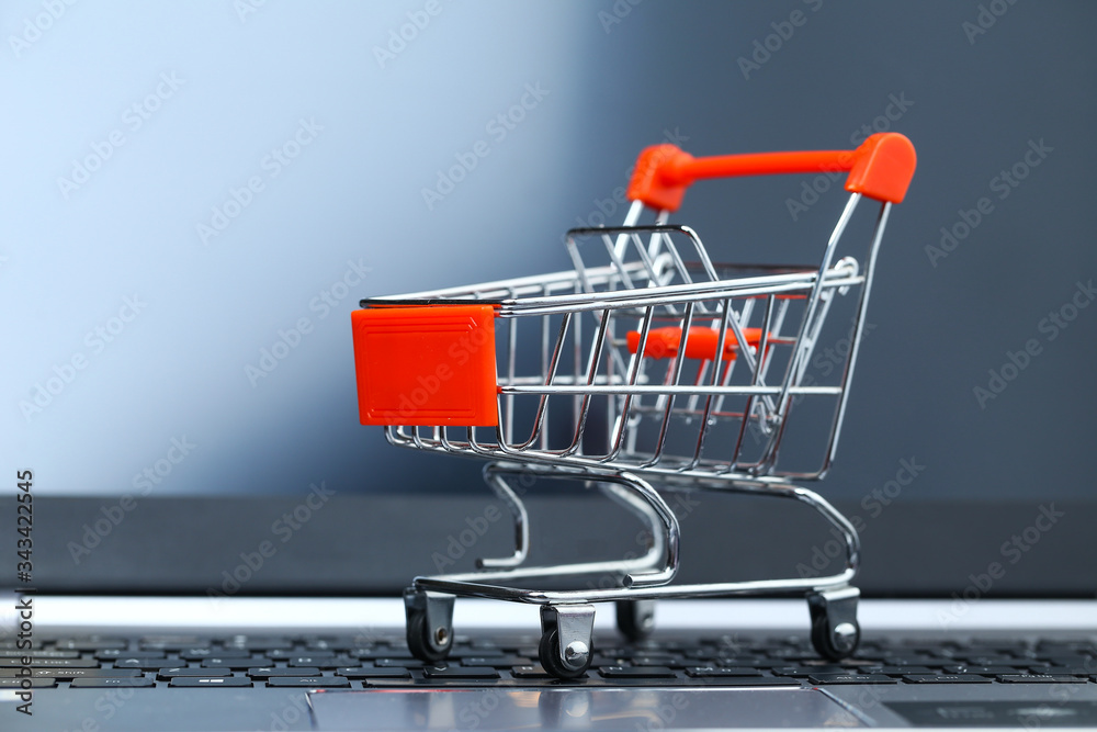empty metal shopping cart on laptop keyboard in front of screen