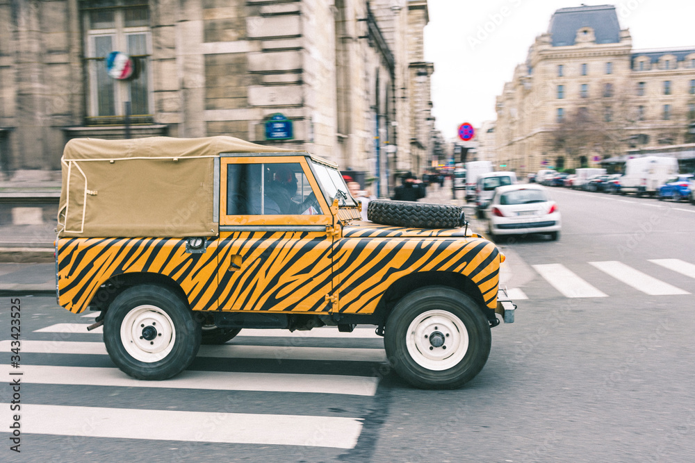 old restored military SUV, it is a short series painted like a tiger