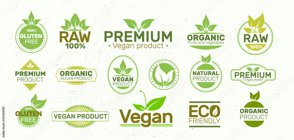 Set of eco labels , organic, fresh, healthy, 100 percent, premium and ...