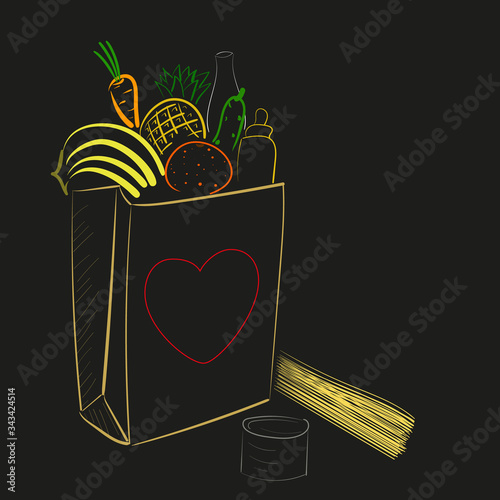 Food donation paper bag for homeless and pure people during quarantine. Vector concept illustration on black background in outline handdrawn style