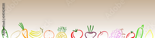 Fruit and vegetable banner on a white gradient. Vector illustration in outline handdrawn style with copyspace