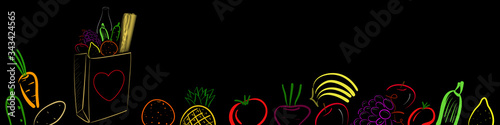 Food donation black banner with paper bag for homeless and pure people during quarantine. Vector concept illustration in outline handdrawn style with copyspace