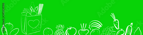 Food donation green banner with paper bag for homeless and pure people during quarantine. Vector concept illustration in outline handdrawn style with copyspace