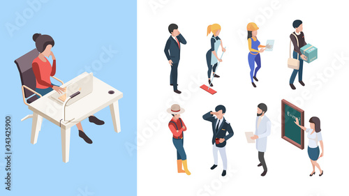 Isometric professions. 3d people service workers business persons male female vector illustration. Business service professional, people worker isometric, workman builder, profession handyman