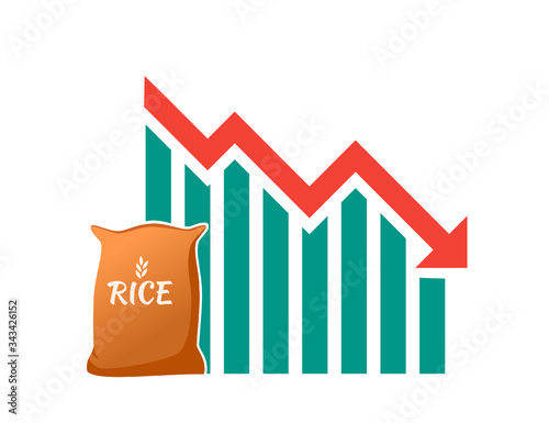Rice Stock Value Market Demand Price Decrease Drop Fall Down Pandemic Impact with Graph Chart Diagram Illustration Vector. Cereal Grain Staple Food. Can be Used for Web, Mobile, Infographic and Print.