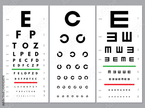 Eyes charts. Ophthalmology vision test alphabet and letters optical alphabet letters vector set. Medical ophthalmology test, health chart eyesight illustration