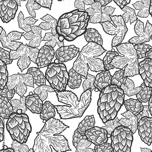 Seamless set. Sprig of blooming hops and leaves. Scratch board imitation. Black and white hand drawn image.
