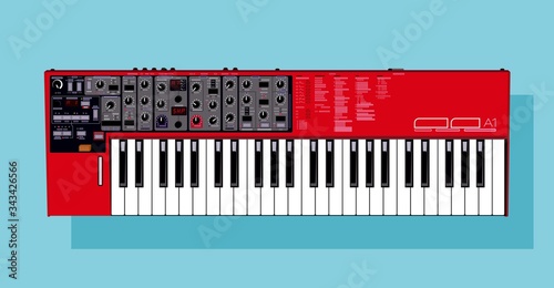 Realistic detailed vector synthesizer. Nord lead A1 illustration. Red synthesizer. Black and white keys in vector. Concert Equipment. For an artist rider. Image to print. Vector for t-shirts, bags.