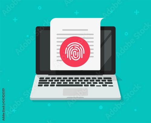 Security protection via touch fingerprint or thumbprint on computer laptop document vector, flat pc privacy id identify thumb finger print access icon, confidential file secure data or private
