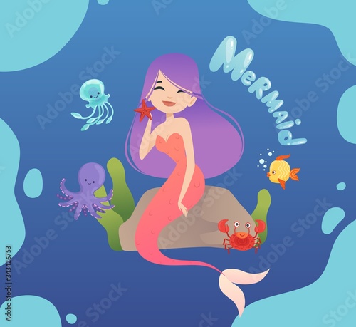 Cute mermaid. Happy sea princess sitting on stone  poster. Jellyfish  octopus and fishes vector illustration. Princess sea underwater  mermaid pretty