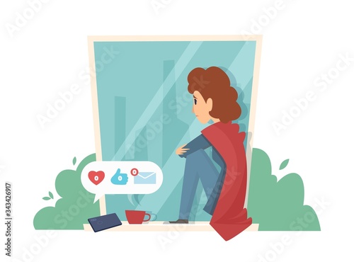 Sad woman on windowsill. Social media addiction, no messages. Depressive girl vector illustration. Woman social media, problem and depression