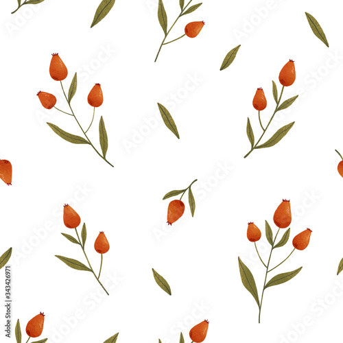 Seamless pattern with cute little red berries on a white background