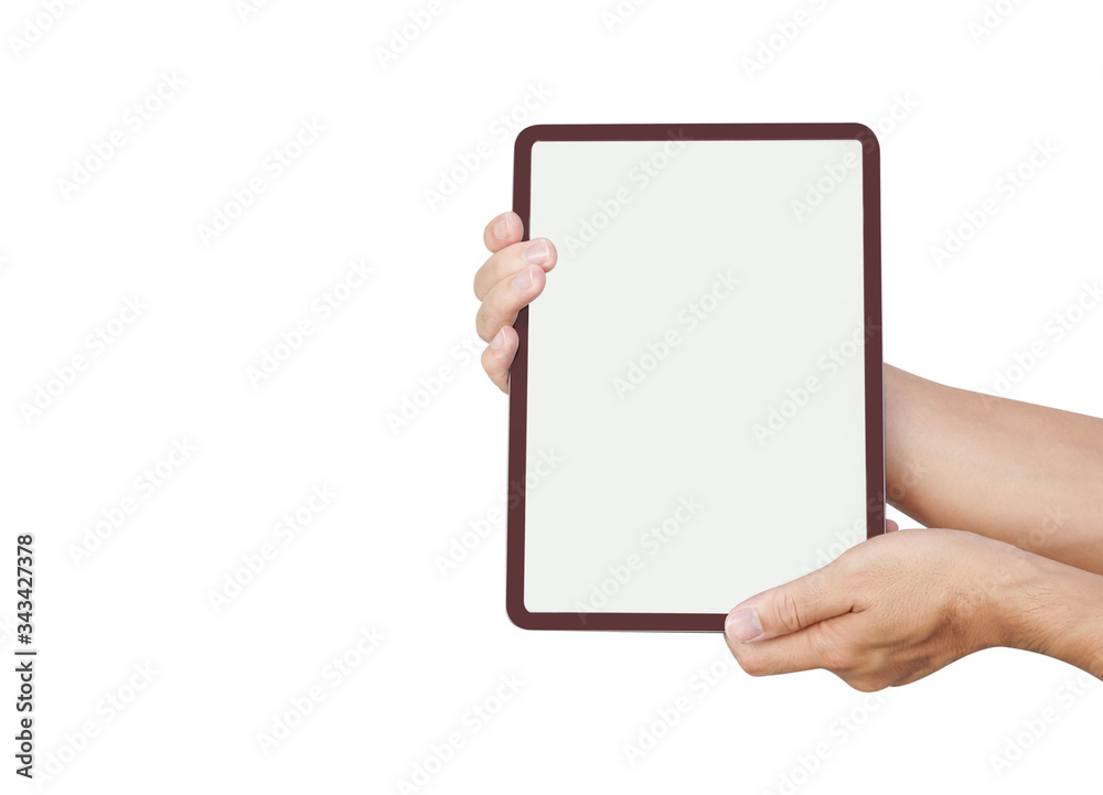 Close up man hand holding digital tablet computer with white screen for text or product advertising concept concept