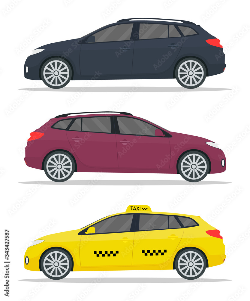Car wagon mockup. Yellow taxi mockup. Realistic cars with shadows isolated on white background. Wagon, hatchback, suv, combi, sedan are types auto. Vehicles for taxi, business and commercial. Vector