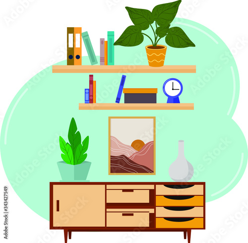 Modern home interior made in vector. Bedside table with drawers, shelves with books, a picture on the wall, flowers in a pot.