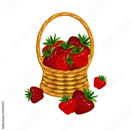 Strowberry in basket wicker with a vine. Red berry art design elements object isolated stock vector illustration for web, for print photo