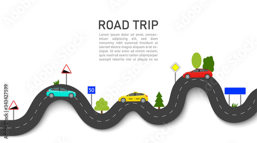 Road map with car location. Roadmap of trip or journey. Winding way race on highway with taxi. Infographic and guidance for summer transport tour. graphic background for travel info, business. Vector