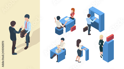 Bank clients. Business service managers reception banking customers office open spaces vector isometric people. Business bank and client, reception banking illustration