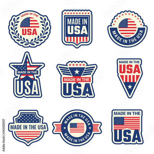 Made in usa. National authentic labels or badges stamps with american flag and special elements vector symbols. Made in usa, quality national badge, authentic product illustration