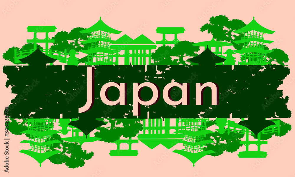 Fototapeta premium Japanese vector travel banner. Bright traditional Japanese architecture in a flat style. Vector illustration.