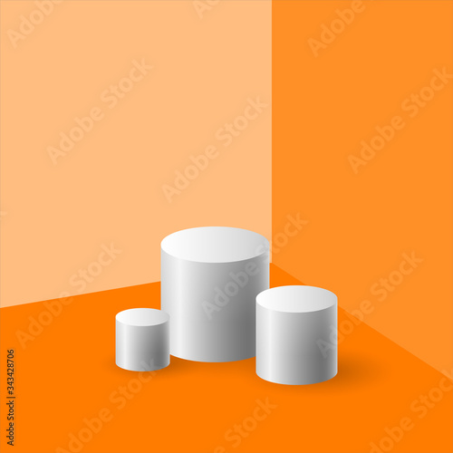 Cylindrical boxes for demonstration on the background of the corner with orange walls and floor, white podium stand , vector illustration