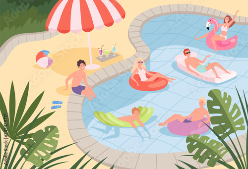 Swimming pool. Happy characters family couples relax on the beach or pool outdoor vacation kids playing on rubber mattress vector background. Summer pool water, resort leisure, swim relax illustration