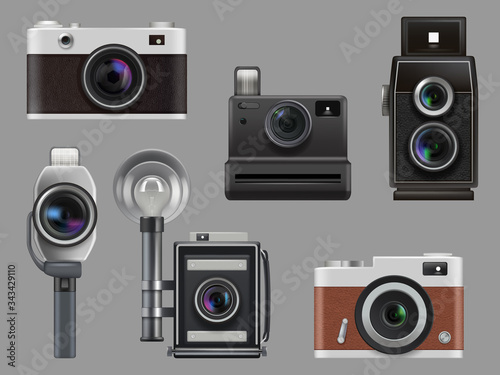 Vintage cameras. Electronic gadgets retro photo technic for professional workers vector realistic illustrations isolated. Camera photo and photography device, multimedia gadget