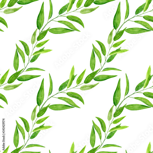 Watercolor hand drawn seamless pattern with abstract eucalyptus green leaves lines isolated on white background. Greenery stripes print for summer design  textil  wrapping paper etc.