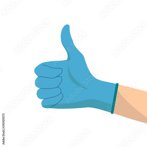 The nurse or doctor wears blue disposable glove, like, thumb up. Flat design.Vector illustration stock. Hands putting on protective blue gloves. Coronavirus and self protective concept. Latex gloves