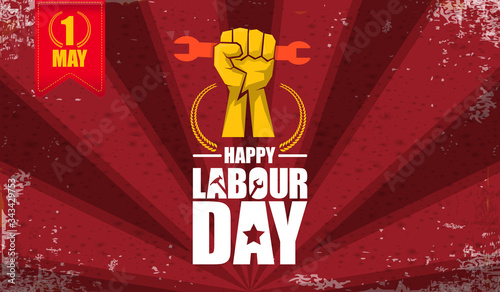 Happy labour day vector label with strong orange fist isolated on red rays horizontal background. vector happy labor day background or horizontal banner with man hand. red workers may day poster
