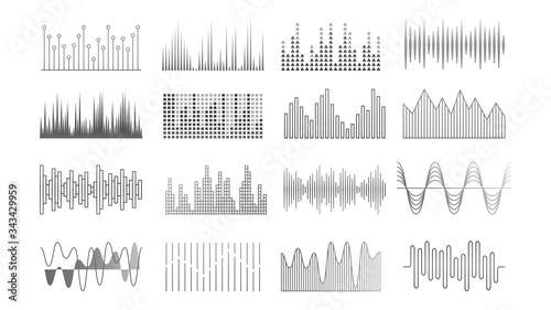 Music waves. Audio recorder, equalizer or pulse technology elements. Sound player panel, voice signal vector set. Sound frequency, radio equalizer beat illustration