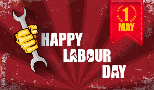 Happy labour day vector label with strong orange fist isolated on red rays horizontal background. vector happy labor day background or horizontal banner with man hand. red workers may day poster